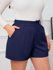 SHEIN Essnce Plus Size Casual Versatile Solid Color Shorts High Waist Shorts Tailored Shorts Navy Blue Shorts Elegant Shorts Shorts For Women - Navy Blue - View 1