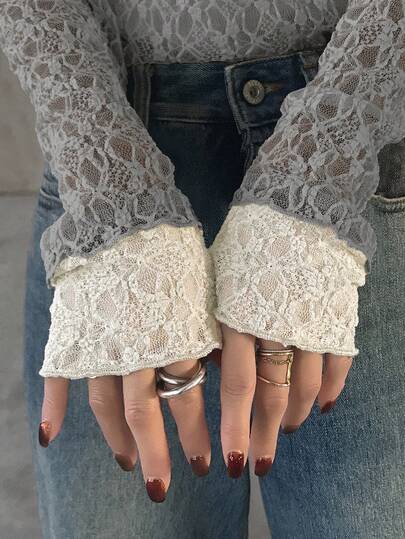 FRIFUL Women's Contrast Color Round Neck Long Sleeve Sheer Lace Fabric Layered Casual Versatile Top, Autumn/Winter