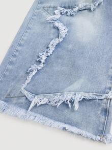 SHEIN Girlism 少女纯色毛边休闲百搭阔腿牛仔裤 - 淺色水洗藍 - 查看 4