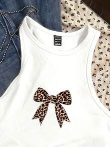 Attitoon Áo tank top nữ ngắn cổ tròn màu hồng, kiểu dáng retro dễ thương, họa tiết da báo thắt nơ, thích hợp cho mùa hè. - trắng - Xem 4