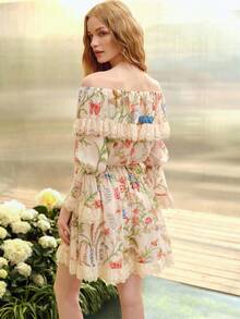 MOTF PREMIUM WOMEN'S OFF THE SHOULDER FLORAL LACE RUFFLE HEM WAIST CINCHED ROMANTIC SHORT DRESS, SPRING/SUMMER - Pink - View 6