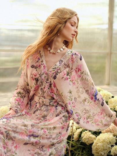 MOTF PREMIUM CAMISA HOLGADA DE MANGA LARGA Y ESTAMPADO FLORAL ROMÁNTICO PARA MUJER, PRIMAVERA/VERANO