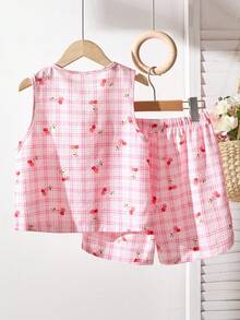 SHEIN ChillGRL 两件套少女甜美可爱印花无袖上衣，饰有3D蝴蝶结，搭配宽松休闲阔腿短裤，适合日常、通勤、休闲、度假、朋友聚会、海滩派对等场合。 - 粉色 - 查看 5