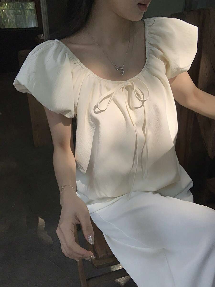 FRIFUL 女士花瓣袖蝴蝶结前系宽松甜美衬衫 - 黃色 - 查看 1