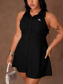 Rustia Plus Size Women Solid Color Front Button Fitted Sleeveless Shirt Dress - Black - View 7