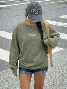 Muchica Casual Washed Military Green Long Sleeve T-Shirt For Women, Spring/Autumn - Army Green - View 3