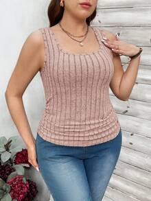 SHEIN LUNE Plus Size Women's Dusty Pink Square Neck Ribbed Fitted Tank Top,Summer Casual Vacation Ribbed Knit Top Sweater Tank,Elegant Latest Knitted Tops - Dusty Pink - View 5