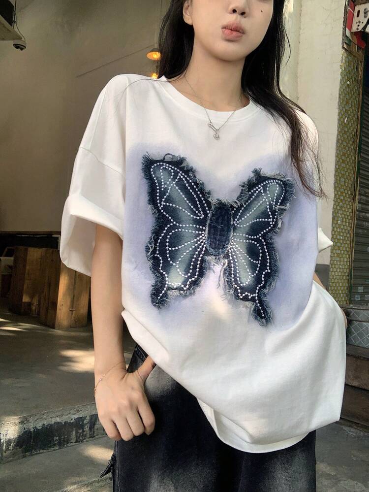 Women's Summer American Style Frayed Butterfly Patch Loose Casual Distinctive Design T-Shirt