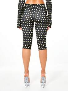SUMWON WOMEN Polka Dot Capri Leggings Low Rise Mid Calf Length Black Yellow Stretch Comfortable Casual - Black - View 2
