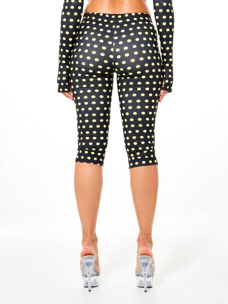 SUMWON Polka Dot Capri Leggings Low Rise Mid Calf Length Black Yellow Stretch Comfortable Casual