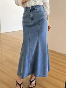 DAZY 女士常规腰长款鱼尾裙，优雅水洗弹力修身牛仔裙 - 中等水洗藍 - 查看 1