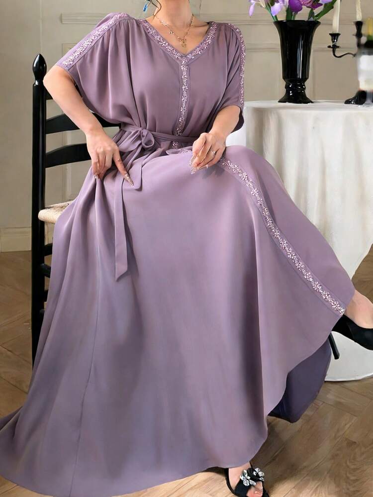 Women's Floral Beaded Decor Open Shoulder V-Neck Elegant Mid-Length Dress Sundress