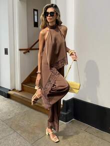 Siren Gaze Chic Halter Neck Sleeveless Top And Flowy Wide Leg Trousers Two Piece Ensemble Brown Fashion Set Boho Style Brown Satin Lace Trim Asymmetrical Top And Palazzo Pants Two Piece Set For Women Brown Two Piece Set Women 2 Piece Casual Sets Woman Women Summer 2 Pieces Sets Summer Outfits - Chocolate Brown - View 3