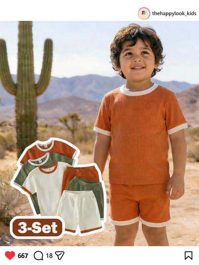 THE HAPPY LOOK 6pcs/Set Young Boy Contrast Color Knit Soft Round Neck Short Sleeve Top And Elastic Waist Shorts