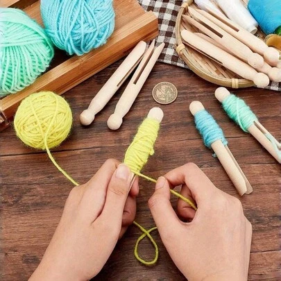 Madebyblanc 10 pièces Clips de bobineuse à fil | Options en bois et colorées | Clips multifonctions pour le DIY, la fermeture de sacs et les pinces à linge vintage | Pinces plates en forme humaine | Cadeau réfléchi pour les amateurs de tricot