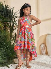 SHEIN Vestido sin mangas con cuello de halter y estampado floral minimalista elegante para niña preadolescente - Rosa - Ver 6