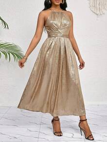 SHEIN Lady Tie Backless Halter Neck Metallic Dress - Gold - View 5