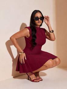 SHEIN BAE Elegant Plus Size Red Mock Neck Fit And Flare Dress Sleeveless Short Length Woven Fabric - Red - View 2