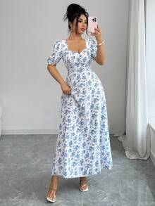 SHEIN Elenzya Women's Floral Print Sweetheart Neck Puff Sleeve Elegant Vacation Dress - Blue - View 6
