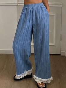 DAZY Calça de Pijama Feminina Solta com Padrão Listrado, Contraste de Cor, Bordado e Babado Recortado - Azul - Visão 7