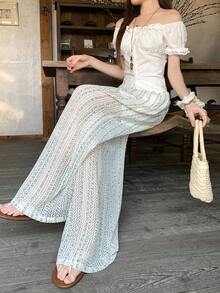 DAZY Women's Tie-Dye Hollow Out Wide Leg Pants, Korean Style Versatile Summer Trousers - Baby Blue - View 3