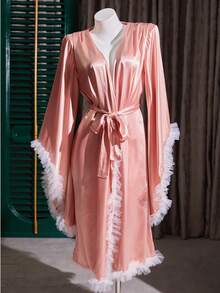 SilkySpell Bata de mujer de seda sintética de alta calidad con ajuste holgado y adorno de encaje francés elegante, versátil para otoño/invierno, color rosa - Rosa - Ver 8
