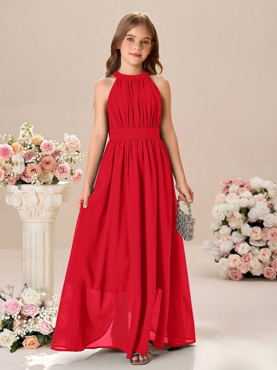 Pitira Pitira Tween Girl Solid Color Sleeveless Snug Fit Dress - Red - View 1