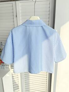 SHEIN 少女休闲日常复古格子短袖衬衫 - 藍白色 - 查看 2