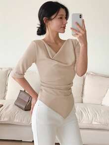 DAZY T-shirt d'été à col plongeant, taille cintrée, ourlet asymétrique et dos nu avec nœud pour femmes - Nude - Voir 4