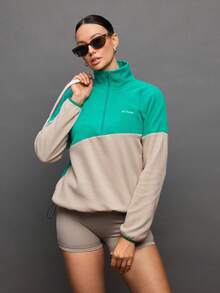 Activina Women's Letter Graphic Contrast Color Drop Shoulder Zip-Up Half Placket Pocket Fleece Sweatshirt - Green - View 4