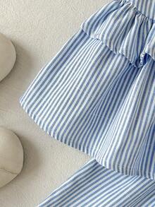 Cozy Pixies 2pcs Baby Girl Blue & White Striped Camisole Top And Elastic Waist Pants Set Blue Two Piece Set Toddler Outfits 2 Piece Ruffles Baby Girl Blue Two Piece Baby Girl Outfit Set - Blue and White - View 3