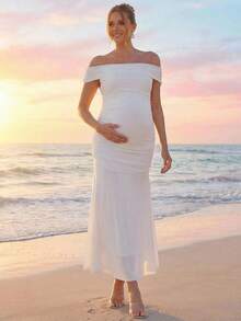 Loomaby 孕妇纯色露肩褶皱修身优雅连衣裙 - 白色 - 查看 4