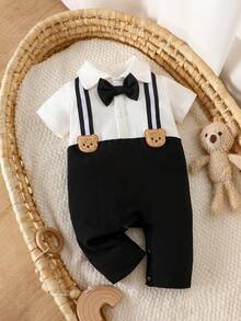 SHEIN Bộ romper ngắn tay cho bé trai sơ sinh, trang phục mùa hè phối màu đen trắng dễ thương với trang trí gấu 3D & nơ, bộ đồ trang trọng cho lễ rửa tội và lễ rửa tội - Đen và trắng - Xem 2