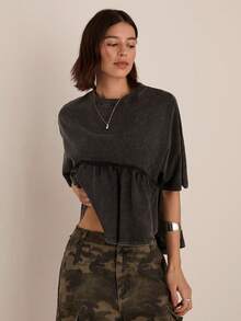Easelle Camiseta de mujer de cuello redondo de punto casual de manga corta negra - Negro - Ver 4