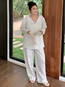 Dazy Plus 两件套优雅撞色蕾丝宽松彼得潘领纹理面料睡衣套装 - 白色 - 查看 4