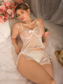 蕾丝蝴蝶结女士睡衣套装 - 白色 - 查看 5