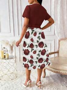 Xyvia 女士印花重叠V领短袖优雅连衣裙长款女装 - 棕色 - 查看 2