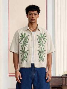 Manfinity Unisex Casual Men's Woven Fabric Half Sleeve Shirt With Tropical Plant Print And Button Front In Apricot Bowling Shirt For Men Cuban Shirt Mens Palm Tree Shirt - Apricot - View 2