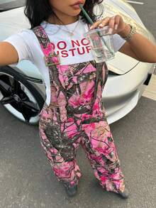 Slaydiva Women's Fashion Tree Branch Print Denim Bib Pants Women Jumpsuit Pink Floral Print Jumpsuit Wide Leg Jumpsuit Camo Print Jumpsuit Sleeveless Jumpsuit - Beige - View 5