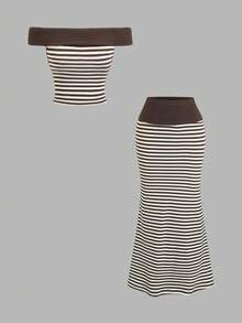 Sweetra 2pcs/Set Casual Vacation Bohemian Style Off-Shoulder Striped T-Shirt And Striped Skirt Set, Spring/Summer - Multicolor - View 1