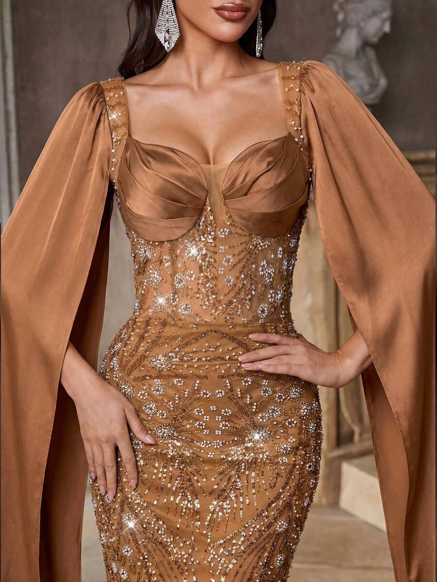 Aureia Rochie elegantă și luxoasă, model sirenă, cu mărgele și paiete, model floral, satin elastic, supradimensionată, cu mâneci bufante, potrivită pentru nunți, petreceri, vacanțe, gale, evenimente formale (puternic decorată) - Aur - Vizualizare 1