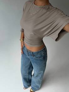 Aloruh Casual Solid Color Batwing Sleeve Ruched Waist T-Shirt, Summer - Light Grey - View 5