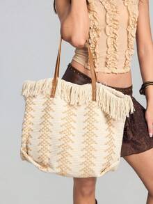 ROMWE Kawaii حقيبة كتف خفيفة الوزن من القش المزين بالخيوط، حقيبة كتف أنيقة صيفية فاخرة ، سعة كبيرة للسيدات والفتيات المراهقات والطالبات الجامعيات والعاملات المكتبيات البيضاء ، مثالية للعمل والعودة إلى المدرسة للمرحلتين الإعدادية والثانوية والكلية والرحلات - بيج - مشاهدة 7