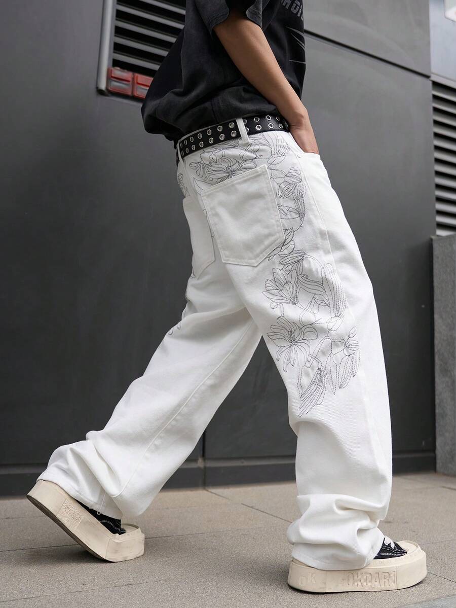 Manfinity Hypemode 男士街头时尚奢华刺绣设计宽松阔腿牛仔裤，不含腰带 - 白色 - 查看 1