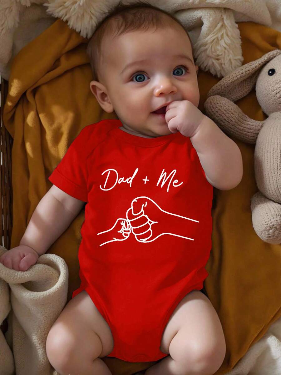 Baby Boy Casual Cartoon Dad + Me Fist Bump Print Short Sleeve Romper, Suitable For Spring/Summer - Red - View 1