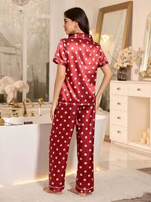LuxeNights Contrast Trim Faux Silk Polka Dot Lapel Collar Women Pajama Set Red Polka Dot Pajama Set Button Up Pajamas Set - Red - View 2