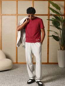 SUMWON 男士加州图案短袖圆领T恤，背面印花，夏季休闲纯棉T恤 - 紅色 - 查看 4