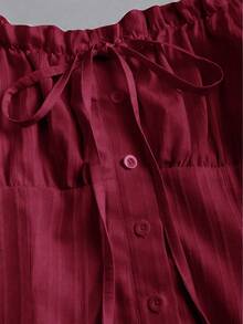 Sweetra Áo sơ mi nữ tay dài màu trắng họa tiết gạch, cổ bẻ, eo thon, tay bồng, buộc dây. - Đỏ - Xem 4