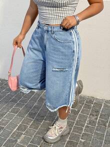 Muchica 大码休闲水洗做旧阔腿牛仔短裤 - 藍色 - 查看 4