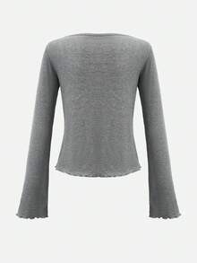 Ocili Bộ đồ ngủ gồm áo dài tay cổ vuông màu trơn và quần dài cho nữ - Màu xám đen - Xem 3